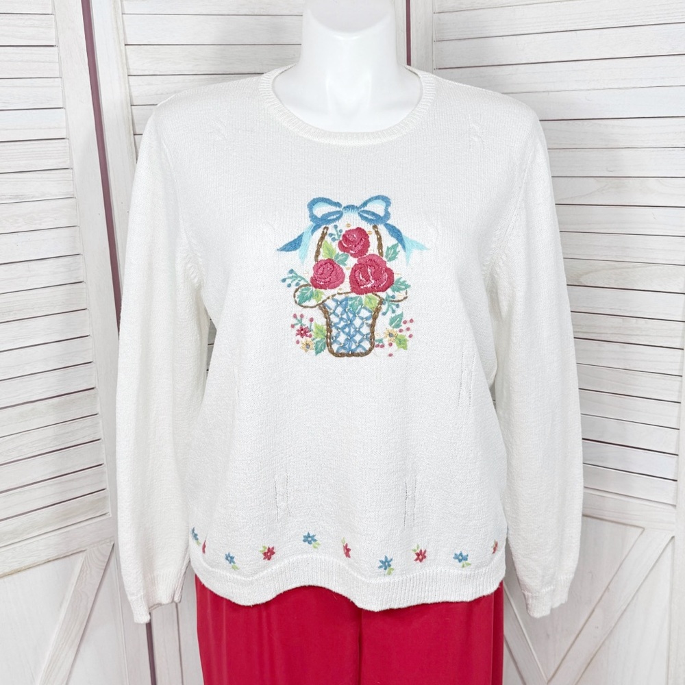 Alfred Dunner Embroidered Flower Basket Cottage Grannycore‎ Sweater White XL
